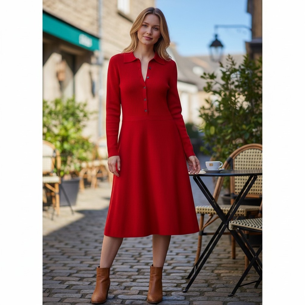 Boden Dress sz 14 red wool/cotton long sleeve sweater fit and flare midi dress O